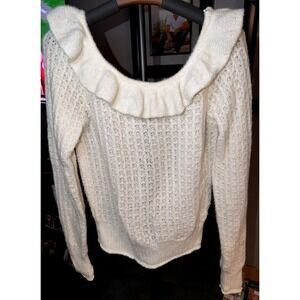 Anthropologie Cream Fuzzy Knit Off Shoulder Ruffle Sweater XS Balletcore Boho